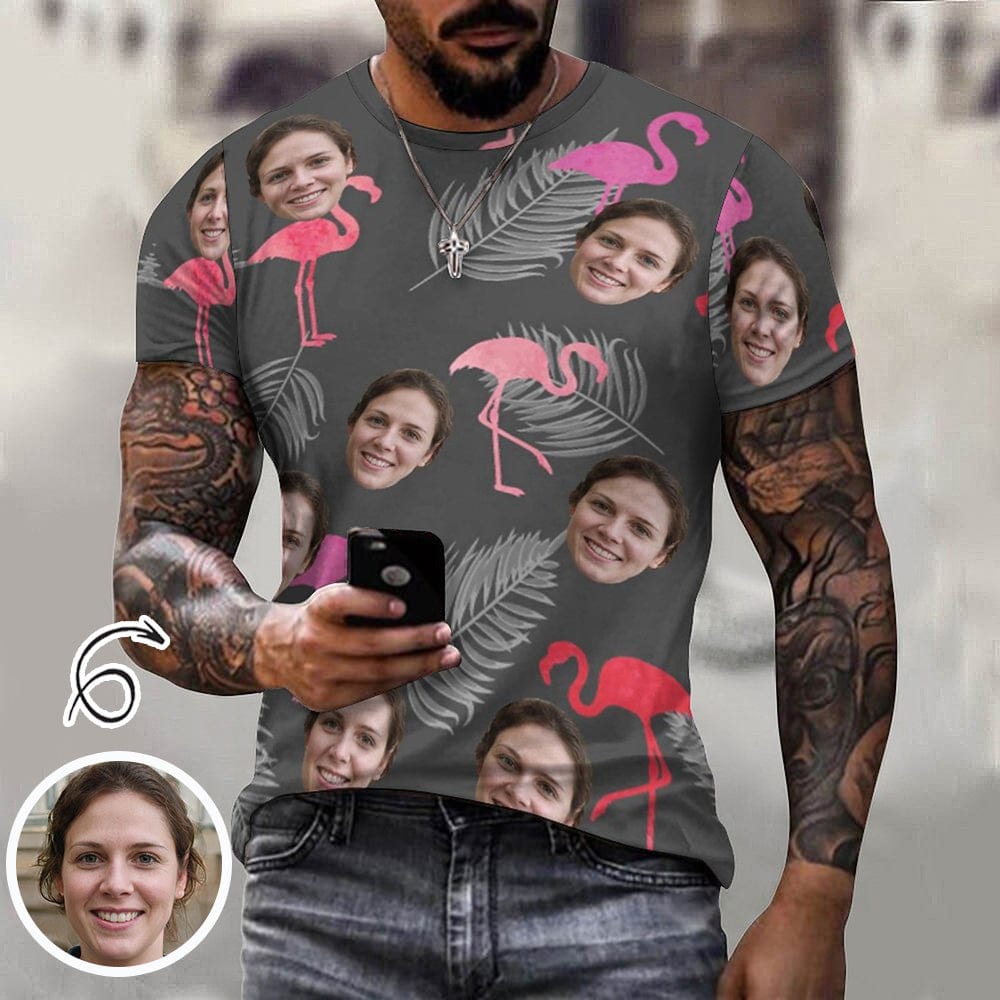 Custom Face Flamingo Pure Cotton Men's Full Print Short Sleeve T-Shirt