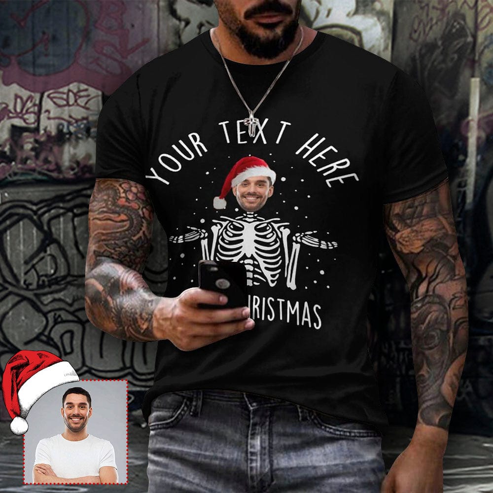 Custom Face Skeleton Christmas Red Hat Men's Full Print Sleeve T-Shirt