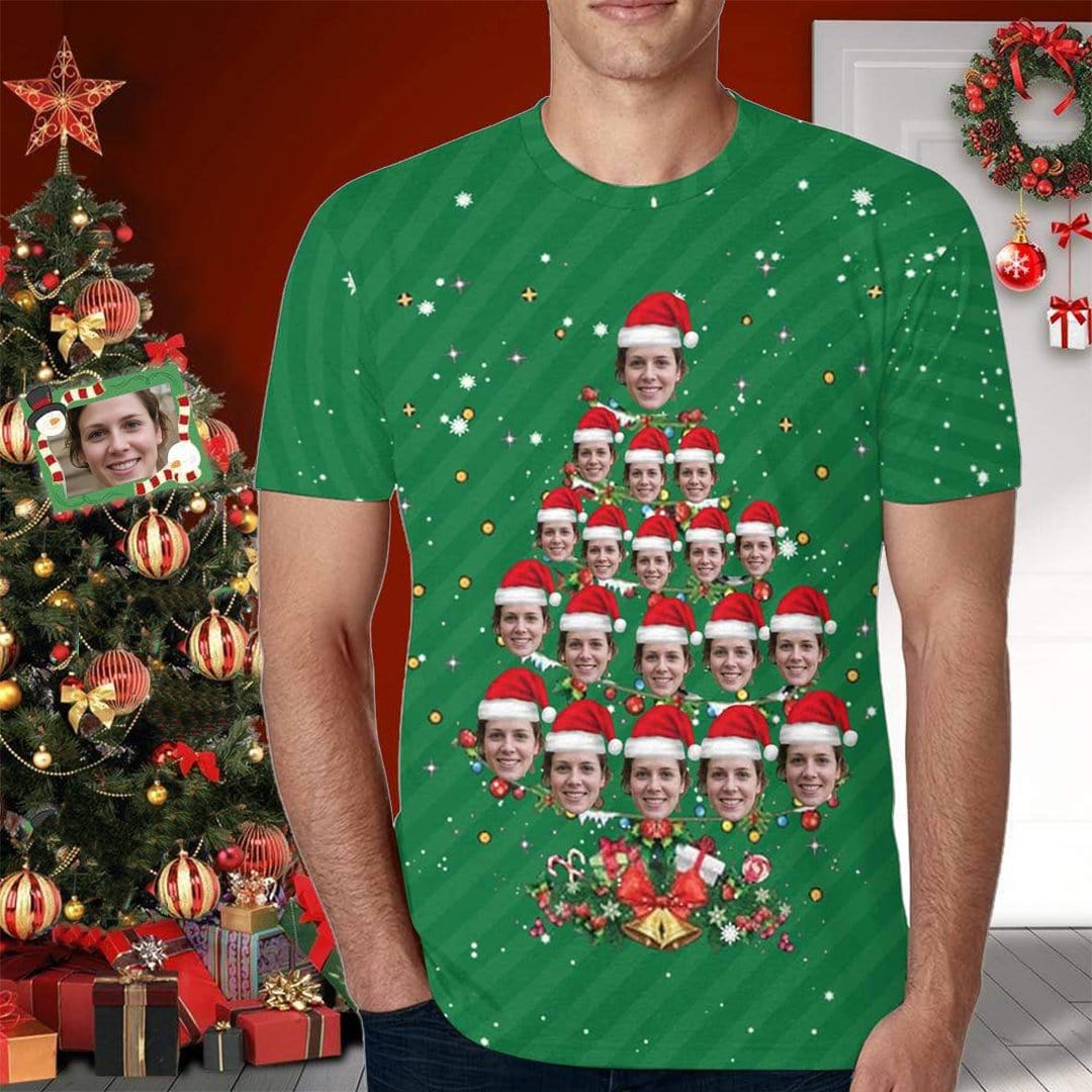 Custom Face Shirts Christmas Tree Snowflake Men's Graphic Design Tee