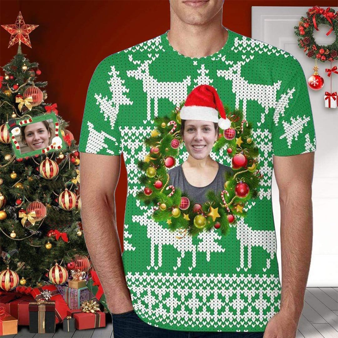 Custom Face Photo Personalized Design Christmas Tree Print Men T-shirt