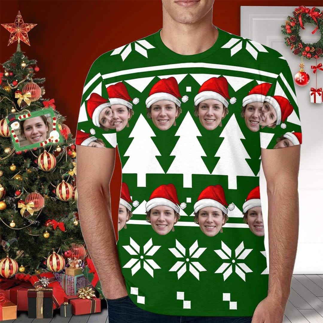 Men's Custom Face Tee with Christmas Tree Print Personalized Shirts