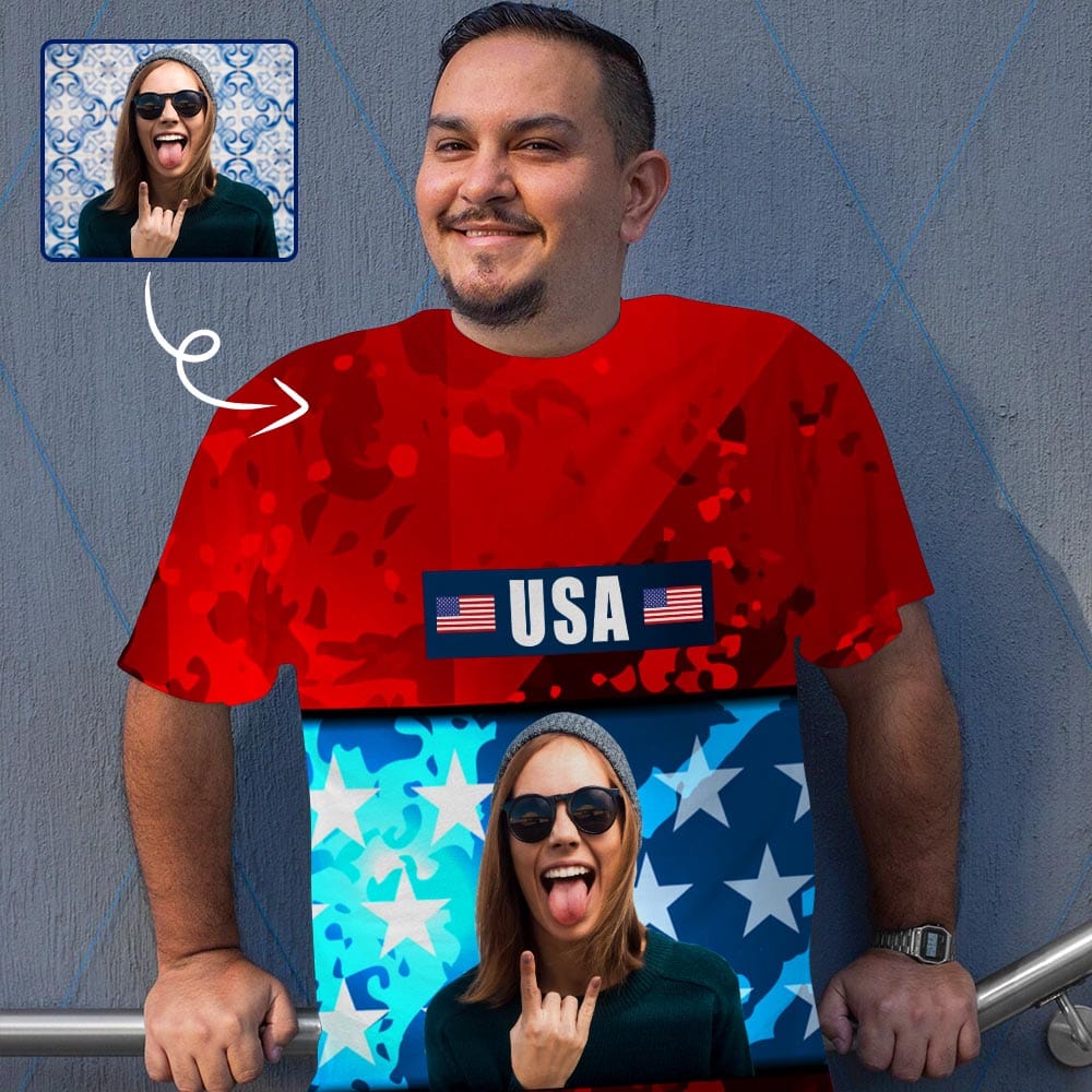 Custom Photo Tee USA Flag Men's Print T-shirt Your Face on A Shirt
