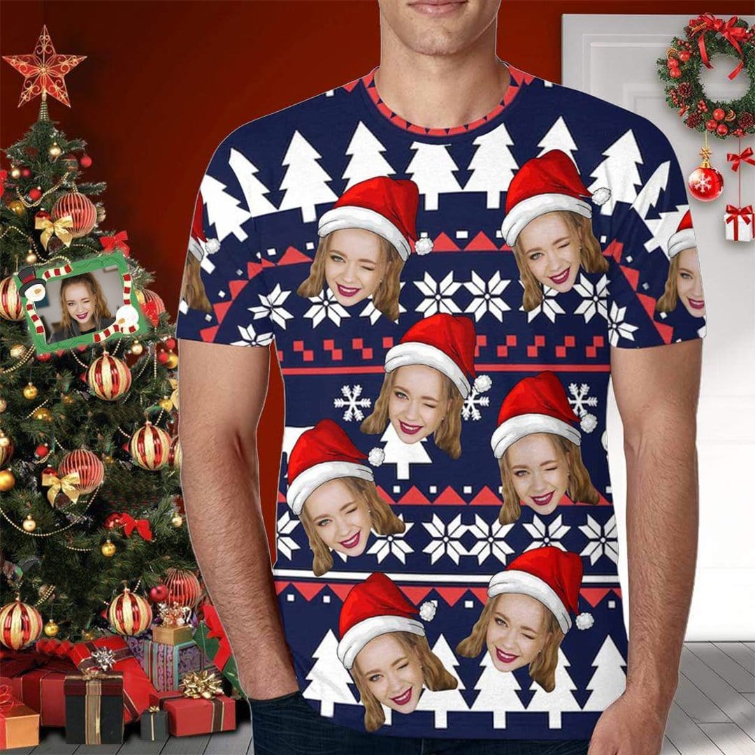 Custom Christmas Face T-shirt, Design Photo Funny Casual Summer Shirts