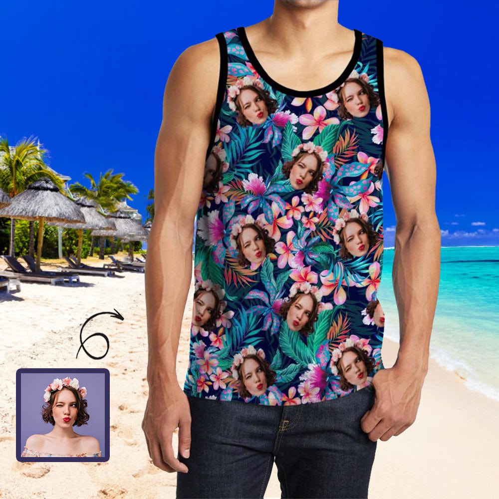 Custom Girlfriend Face Hawaiian Tropical Plants Men's Print Tank Top