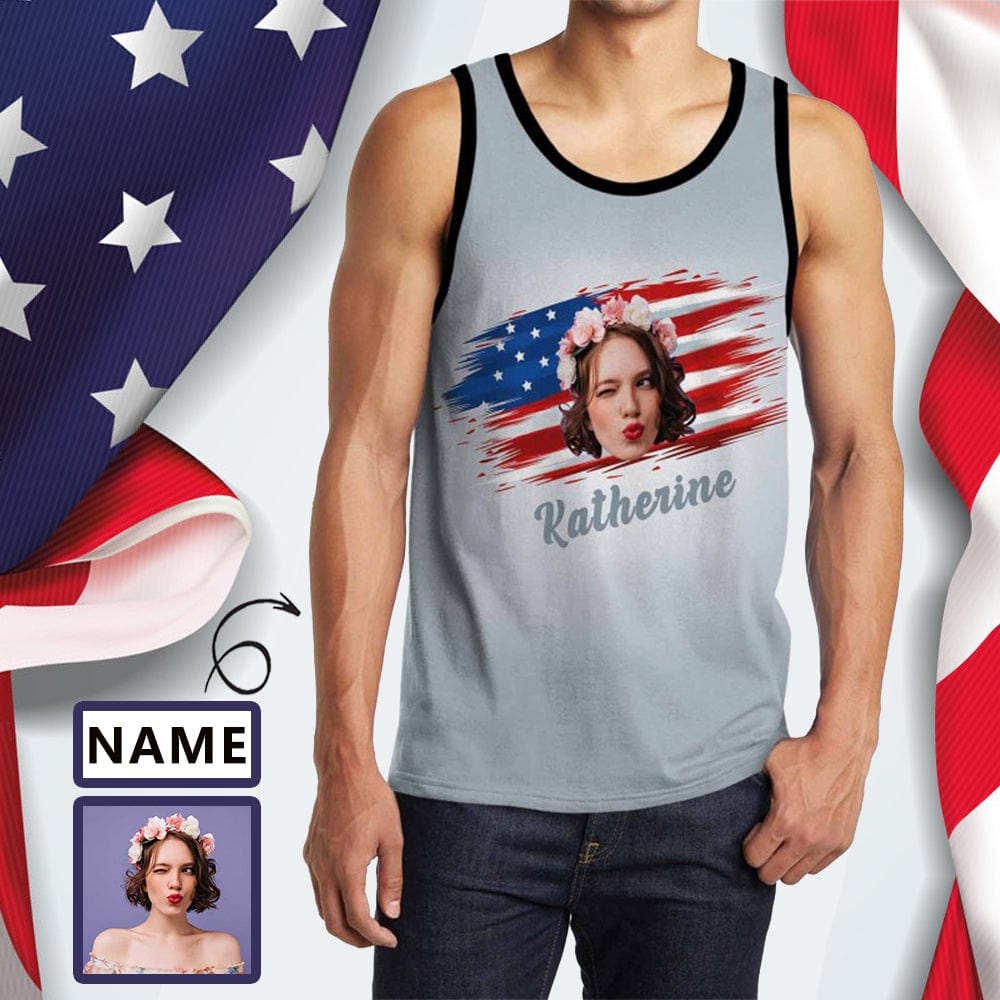 Custom Tank Tops Name&Face American Flag Grey Sleeveless T Shirt