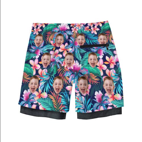 Custom Custom Face Kid's 2 in 1 Sport Shorts Personalized Tropical Plants Drawstring Trunk for 5-12 Years Boy - YesCustom