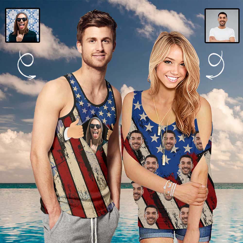 Custom Face&Name USA Flag Matching Couple Tops Cold Shoulder Shirts