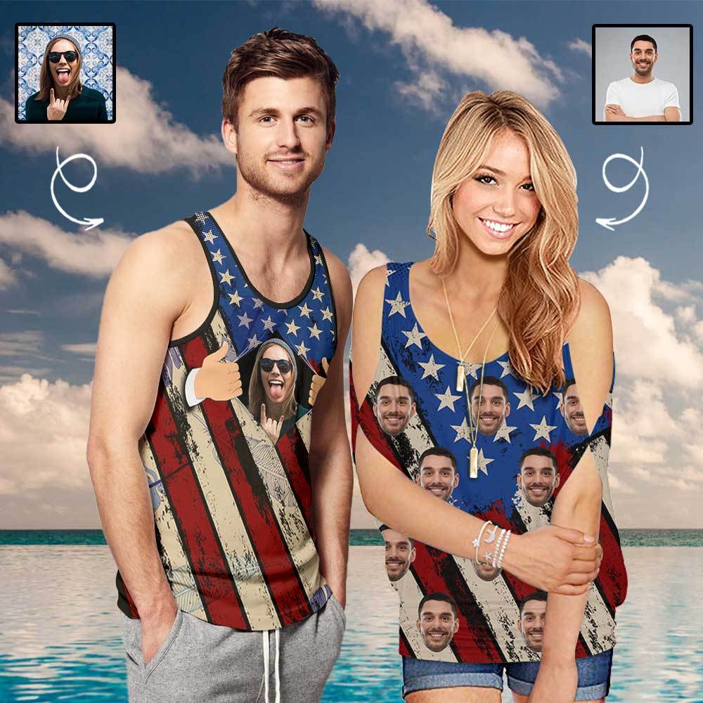 Custom Face&Name USA Flag Matching Couple Tops Cold Shoulder Shirts
