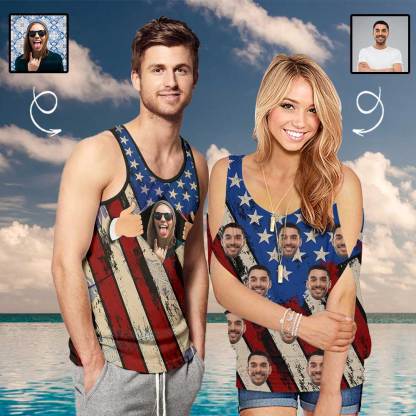 Custom Face&Name USA Flag Matching Couple Tops Cold Shoulder Shirts