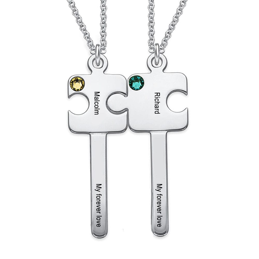 Custom Text Puzzle Couple Key Necklace Personalized Silver Name Necklace