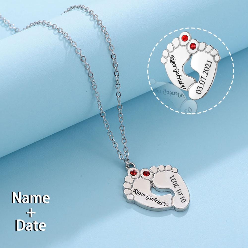 Custom Name&Date Baby Feet Necklace Personalized Name Necklace Jewelry
