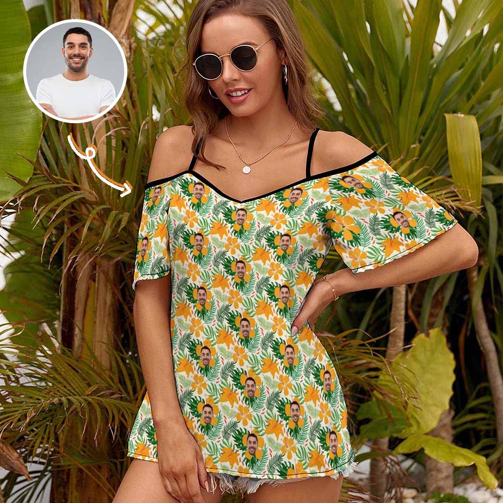Custom Face Personalized Yellow Flowers Off Shoulder Suspender Top