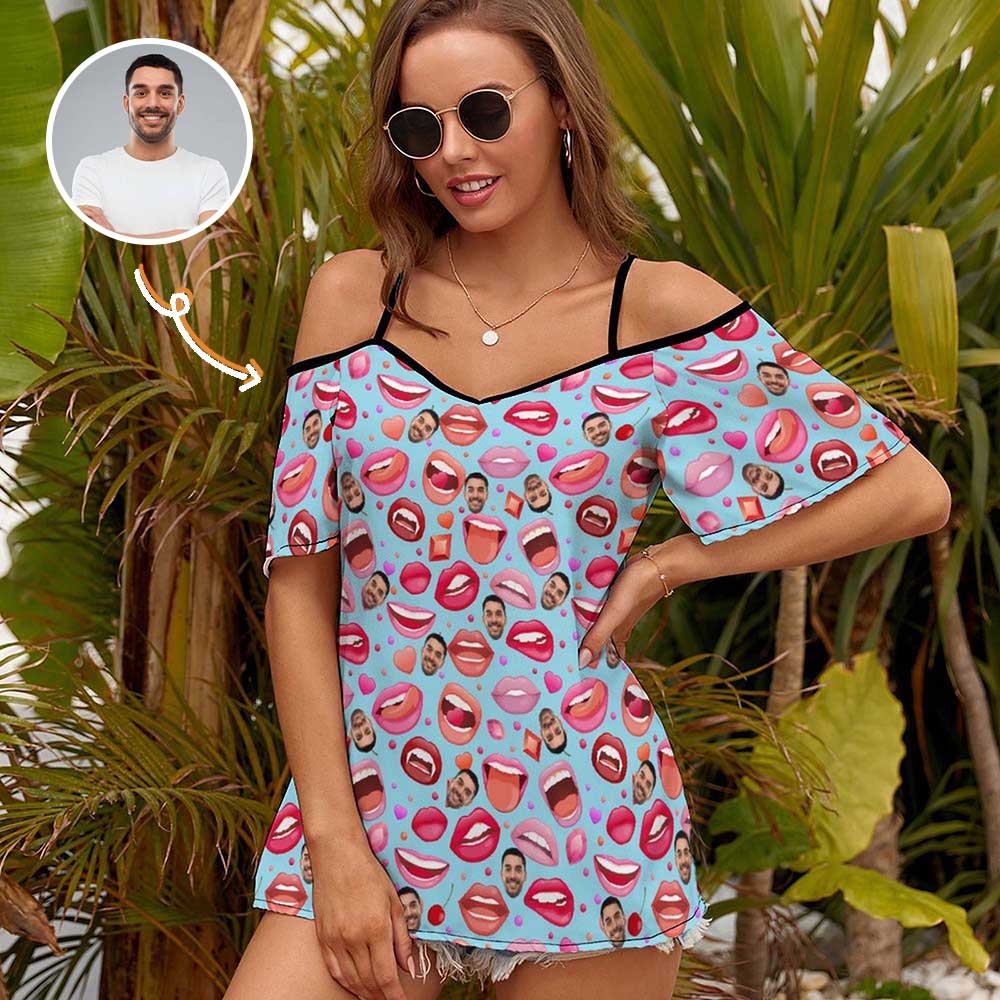 Custom Face Tank Tops Personalized Red Lips Off Shoulder Suspender Top