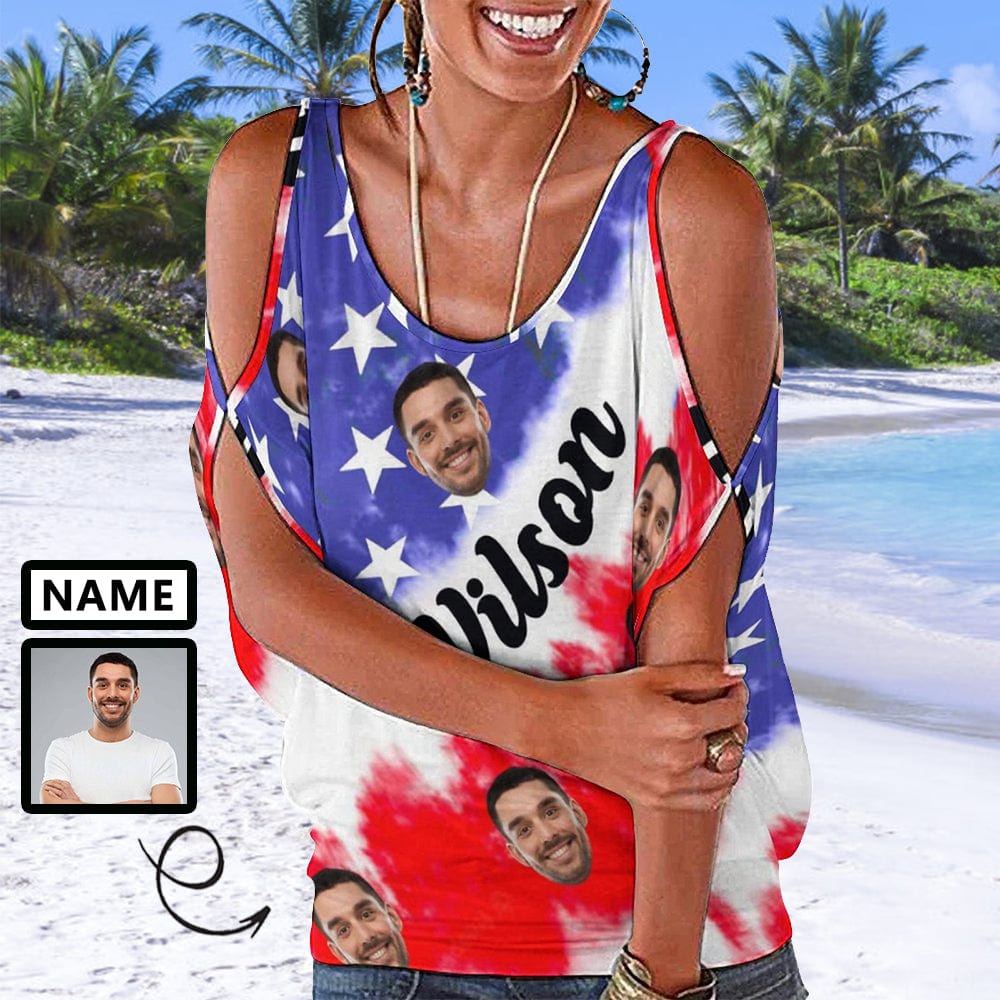 Custom Name&Face Flag Tank Tops with Photo Women's Cold Shoulder Top