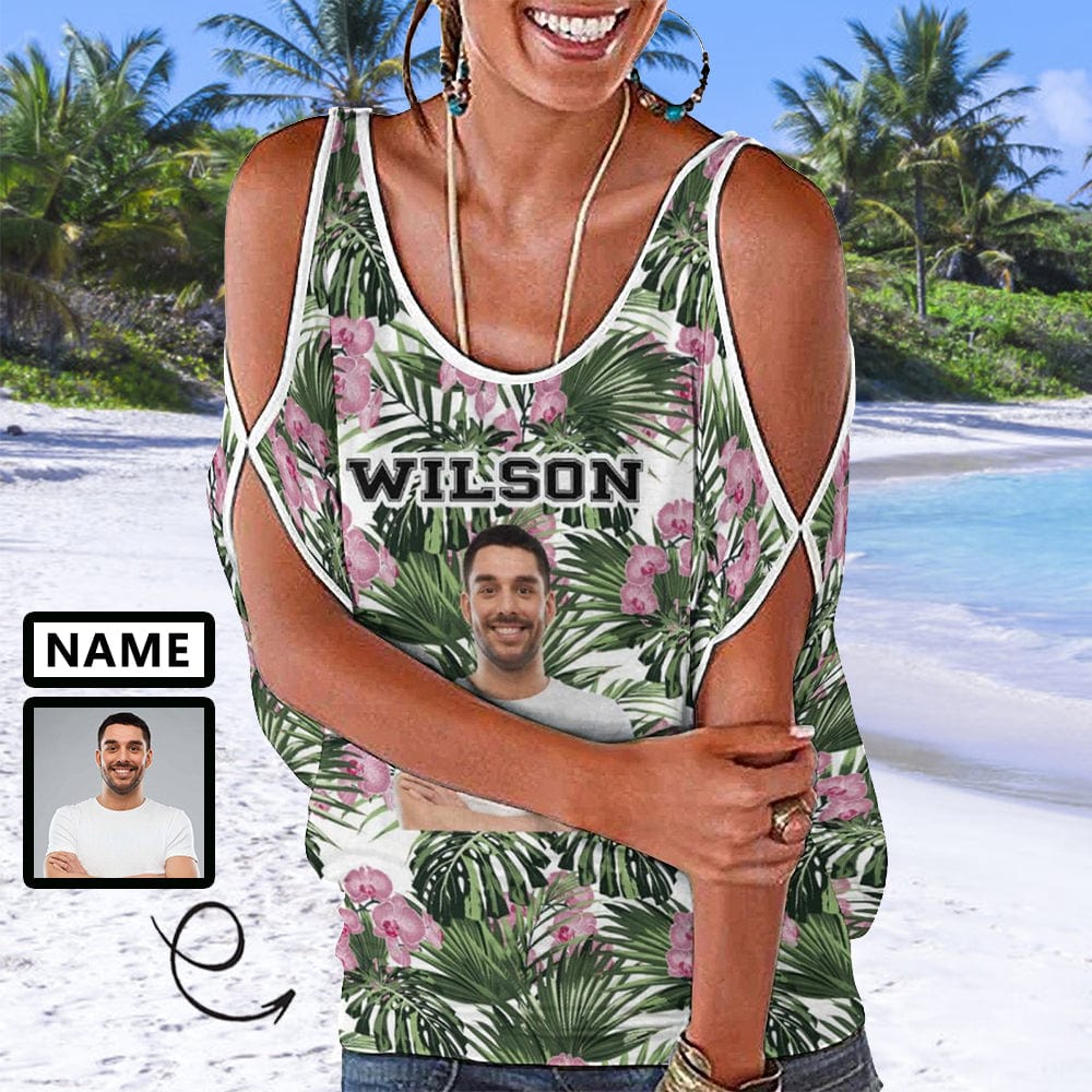 Women's Custom Name&Face Tank Tops Green Leaves Cold Shoulder Top