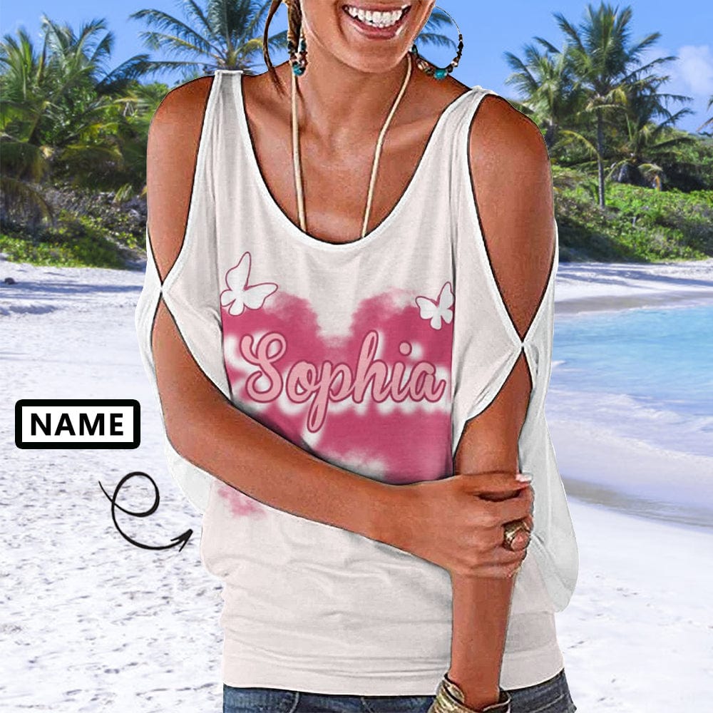 Women Custom Name Tank Tops Personalized Powder Mist Cold Shoulder Top