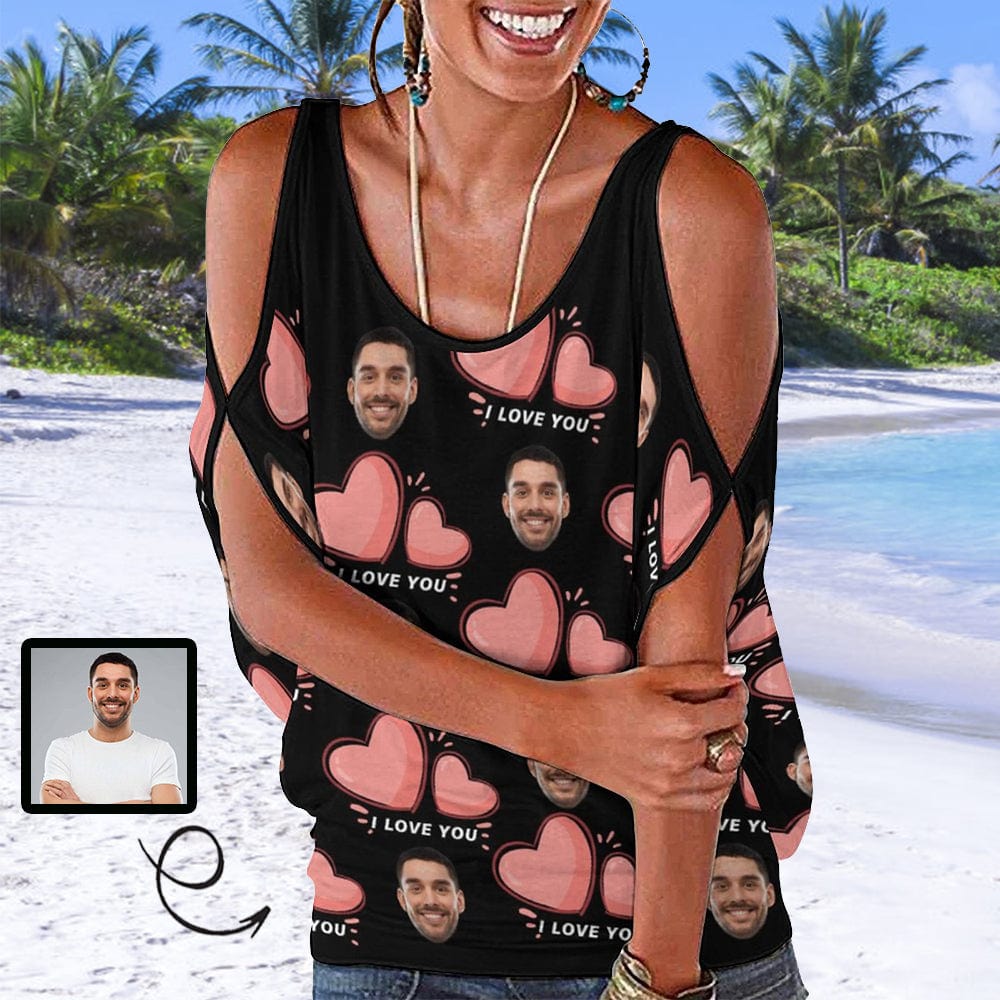 Print Your Face on Top Love Custom Heart Women's Cold Shoulder Top