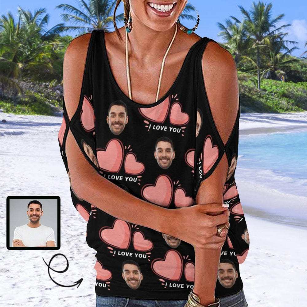 Print Your Face on Top Love Custom Heart Women's Cold Shoulder Top
