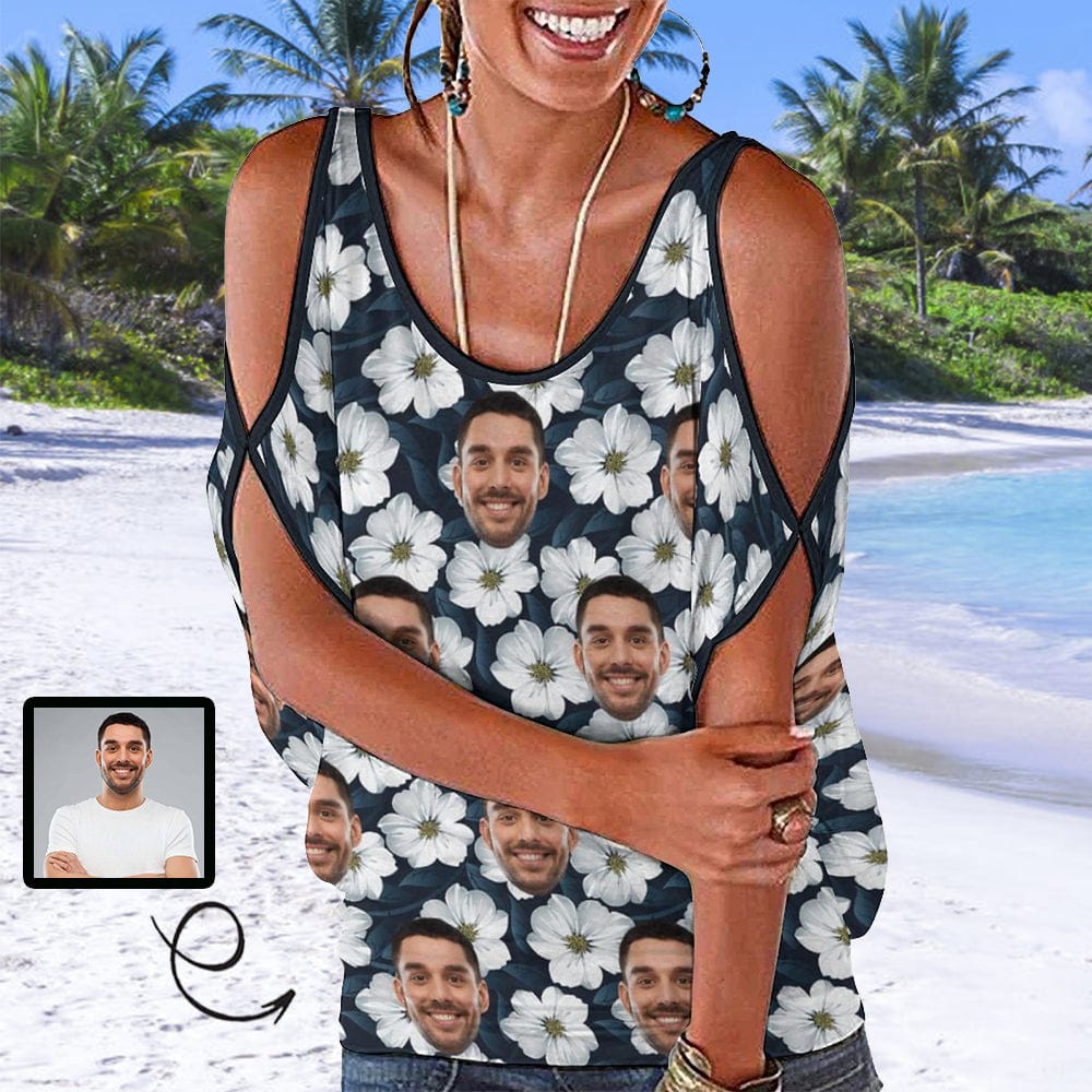 Put Face on Tank Top Flower Women's Tie Neck Cold Shoulder Tops