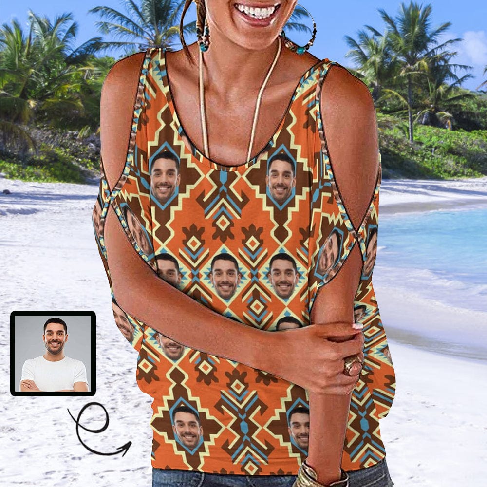 Put Face on Tank Tops Orange Personalized Women's Cold Shoulder Top