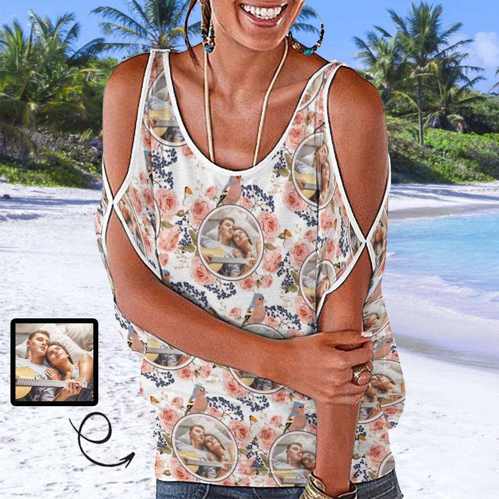 Women's Tank Tops with Photo Personalized Wreath Cold Shoulder Tops