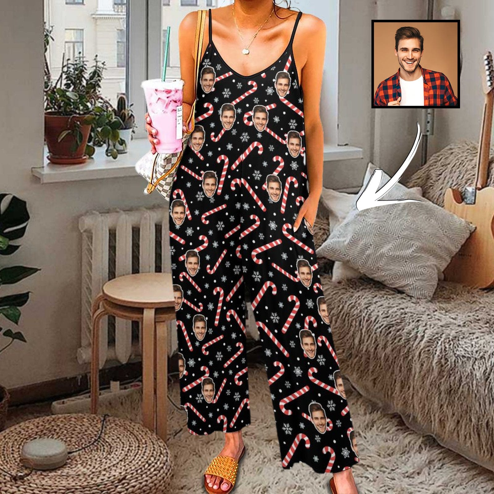 Custom Face Women's Candy Cane Snowflake Suspender Jumpsuit Loungewear
