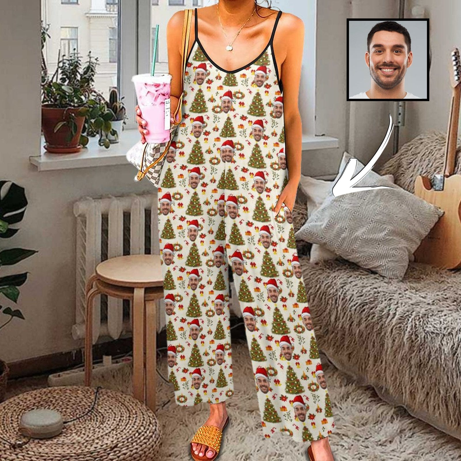 Custom Face On Women Christmas Hat Tree Suspender Jumpsuit Loungewear