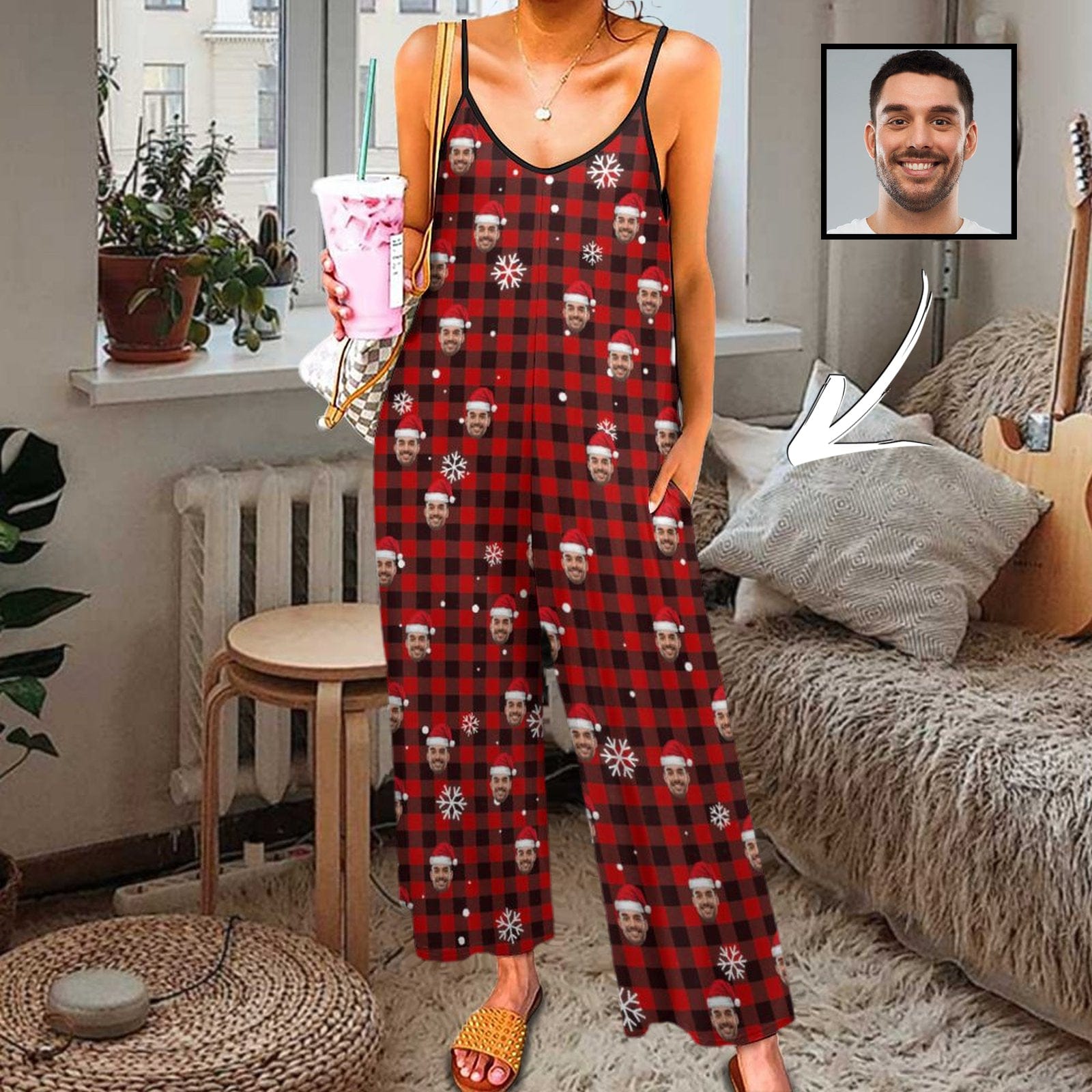 Custom Faces On Women's Red Plaid Hat Suspender Jumpsuit Loungewear