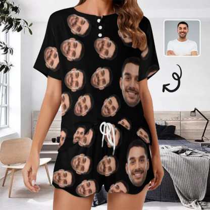 Custom Face Black Pajama Set Women's Short Top and Shorts Loungewear