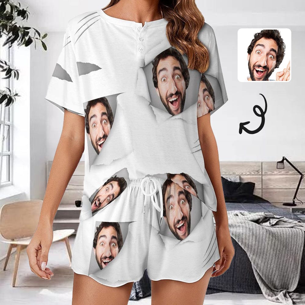 Custom Husband Face White Women Short Sleeve Top and Shorts Loungewear