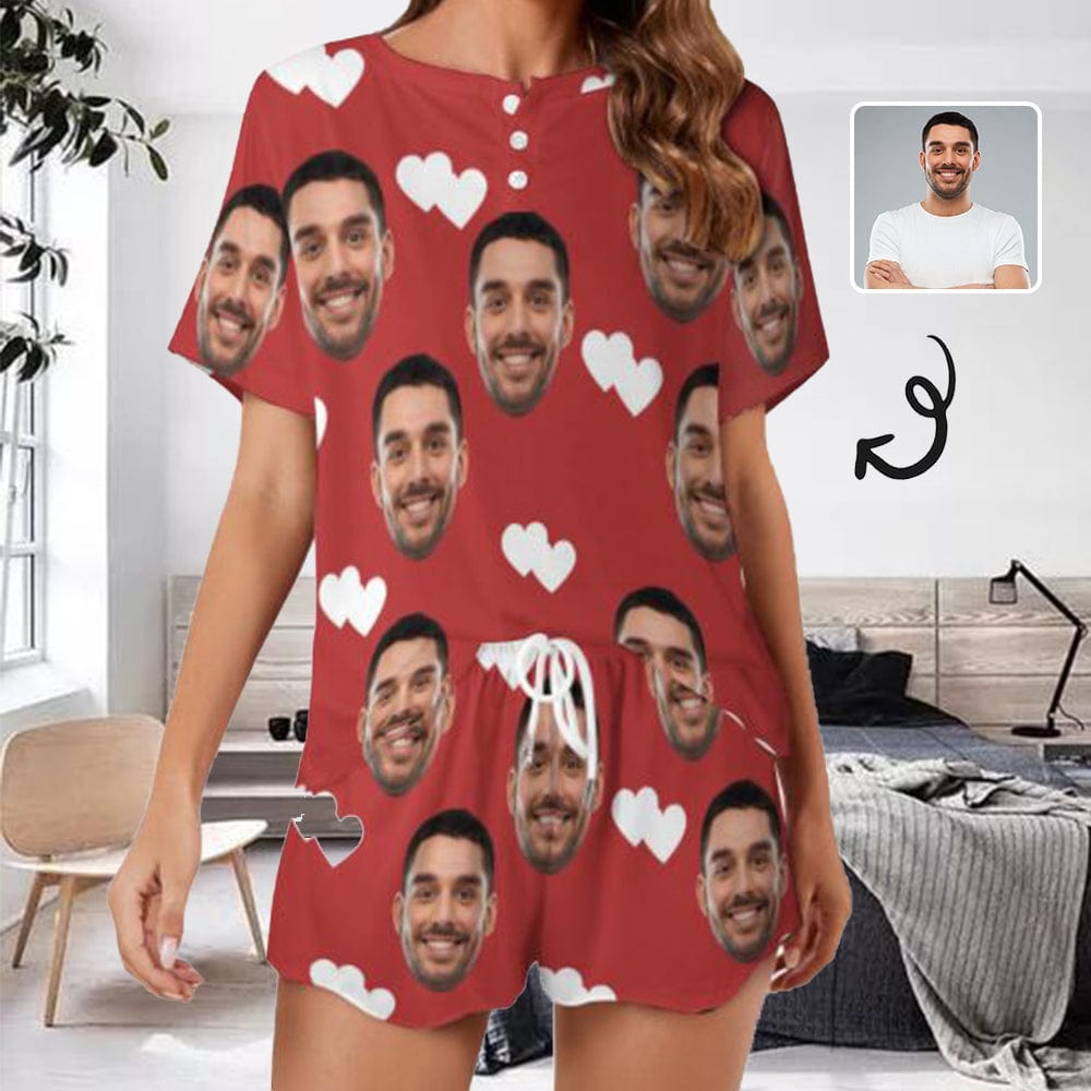 Custom Face Love Heart Pajama Set Women's Short Top&Shorts Loungewear