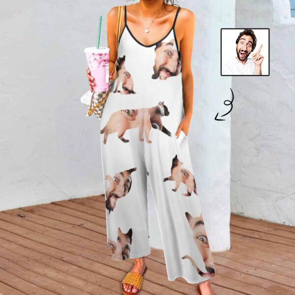 Custom Face Loungewear Cat Shape Women's Suspender Jumpsuit Loungewear