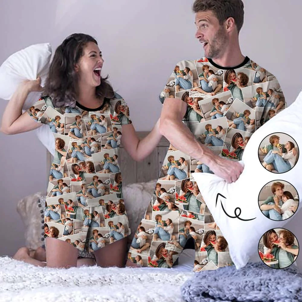 Custom Photos Couple Pajamas Couple Matching Crew Neck Short Pajama Set
