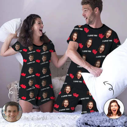 Custom Face Red Heart Black Background Couple Matching Short Pajama Set