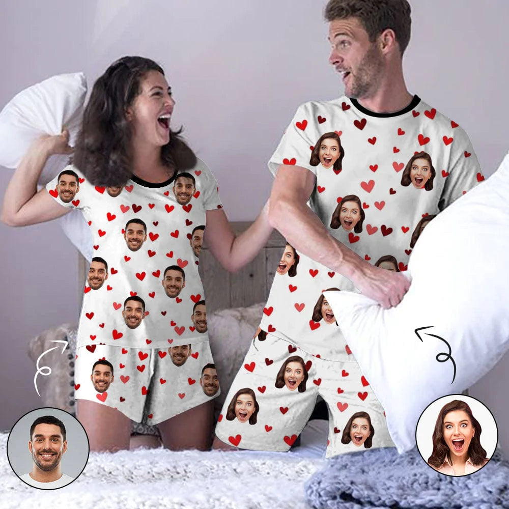 Custom Face Couple Pajamas Red Heart Couple Matching Short Pajama Set