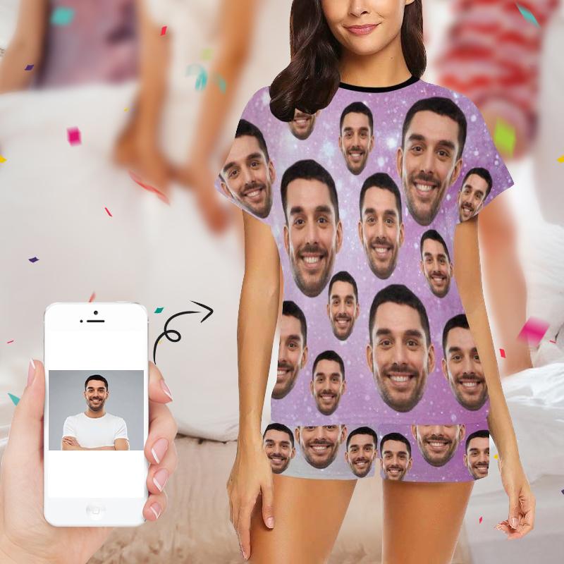 Custom Face Pajamas Purple Starry Sky Sleepwear Women Short Pajama Set