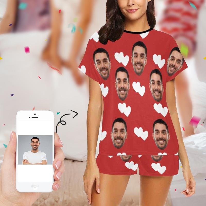 Custom Face Pajamas Red White Love Sleepwear Women's Short Pajama Set