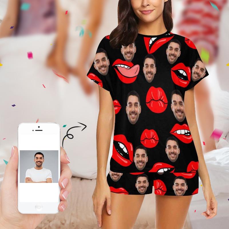 Custom Husband Face Sleepwear With Red Lips Women's Short Pajama Set