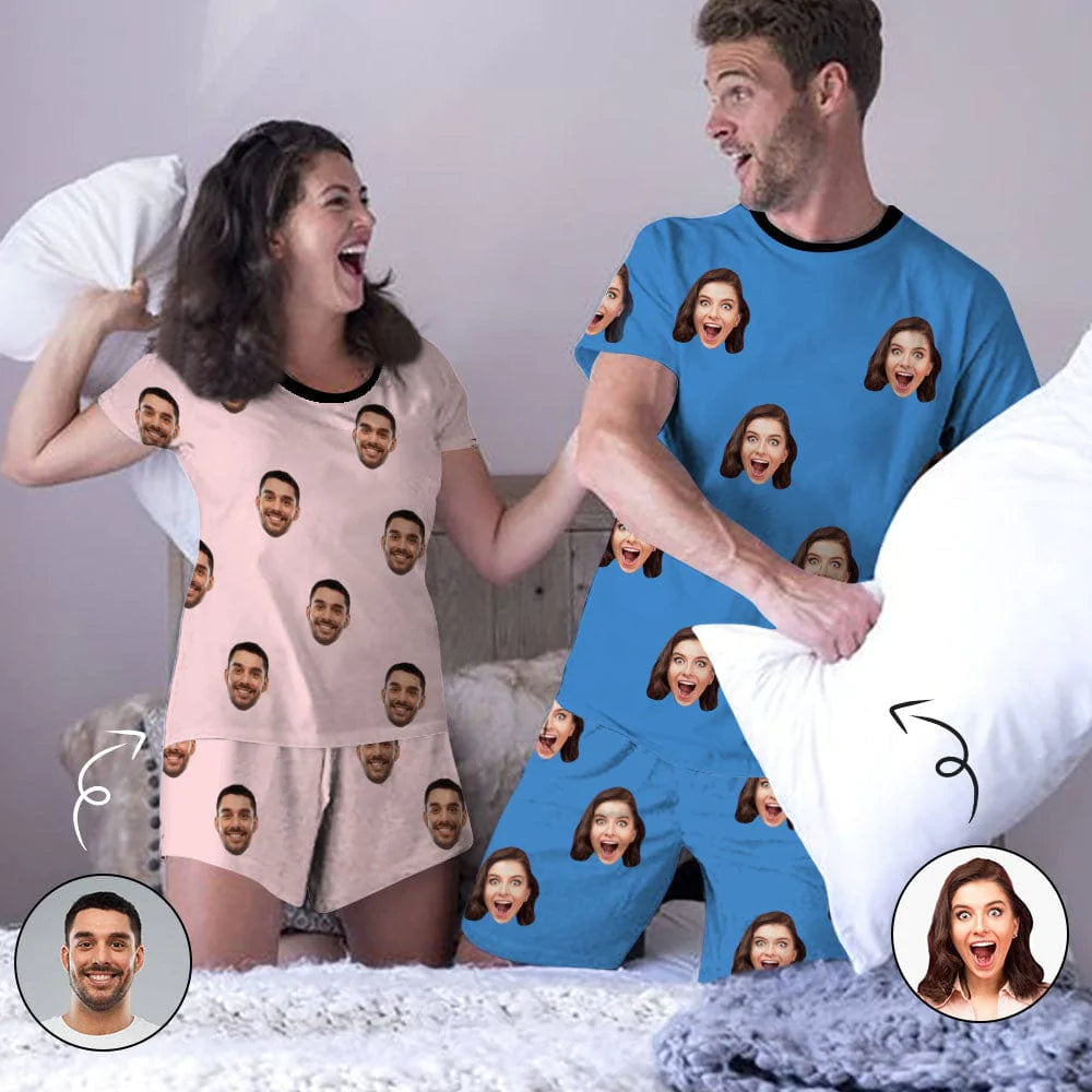 Custom Face Couple Pajamas Couple Matching Crew Neck Short Pajama Set
