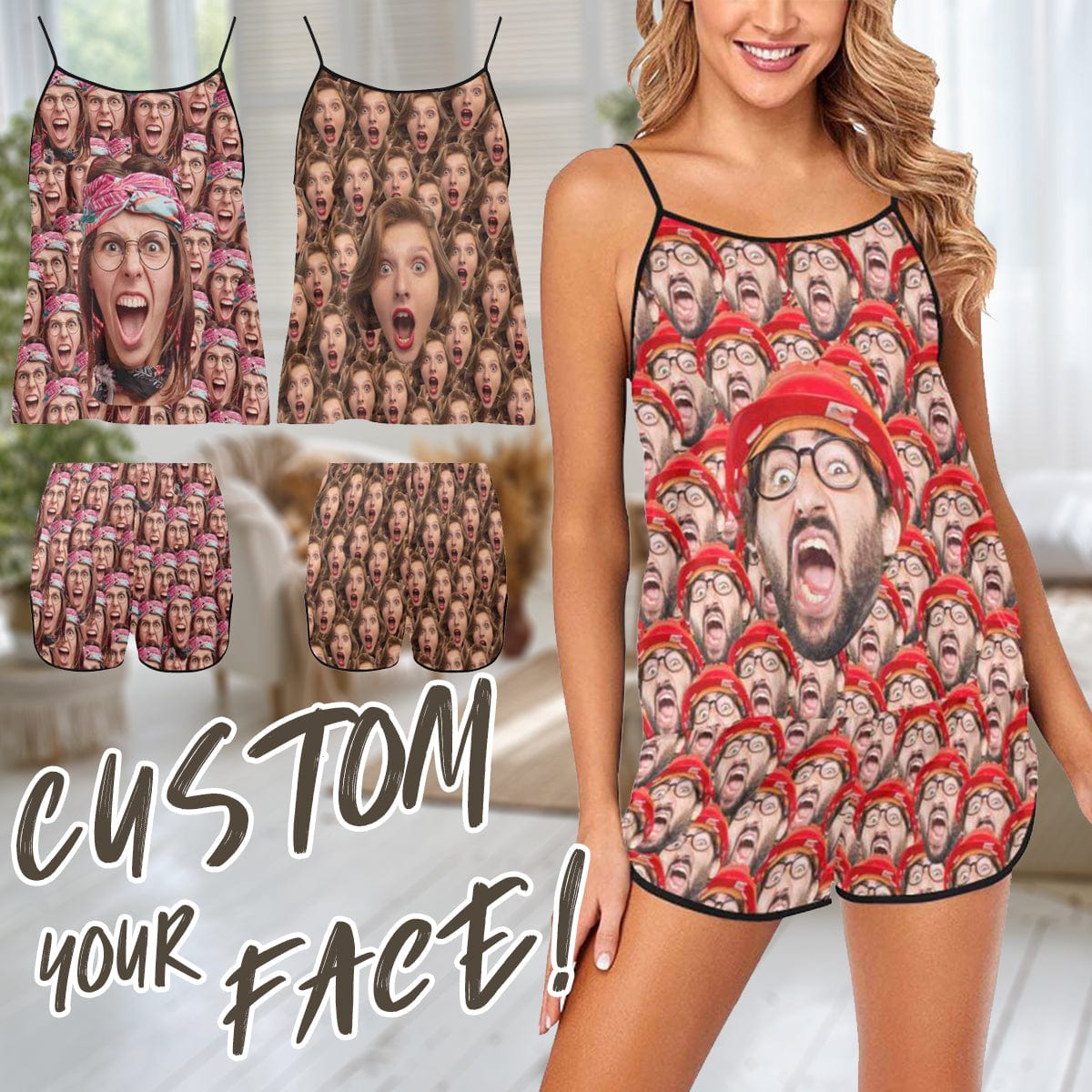 Custom Seamless Face Pajamas Women's Sexy Cami Pajamas Set