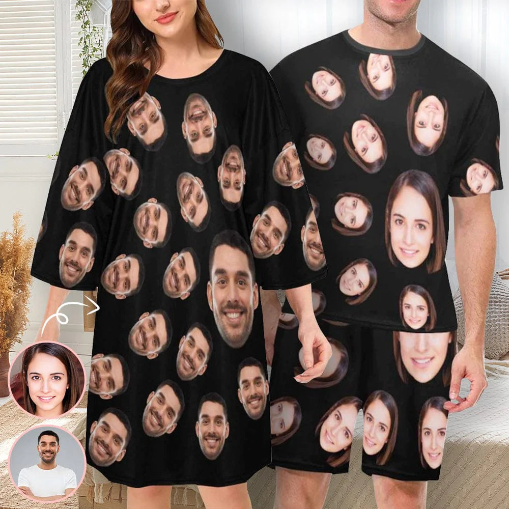 Personalized Face Black Men Short Pajama Set &Women Oversized Sleep Tee