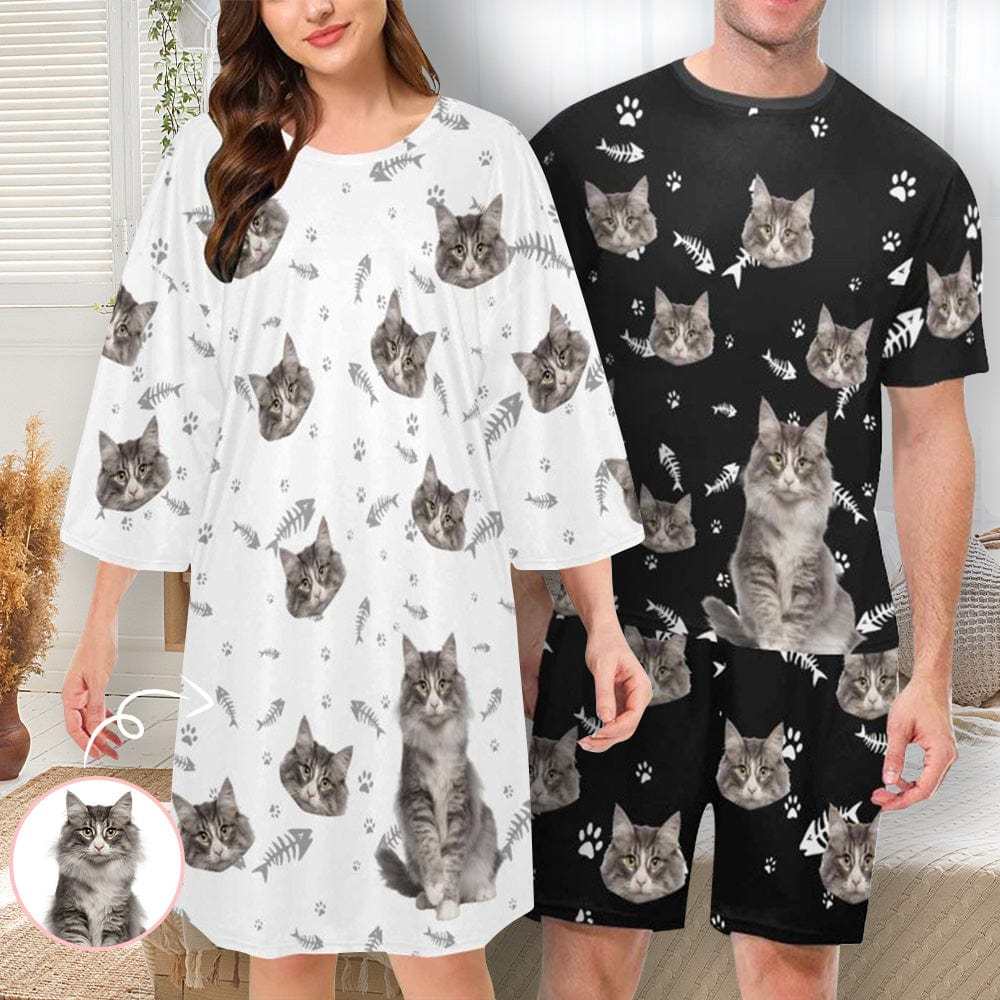 Personalized Cat Face Men Short Pajama Set &Women's Oversized Sleep Tee