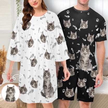 Personalized Cat Face Men Short Pajama Set &Women's Oversized Sleep Tee
