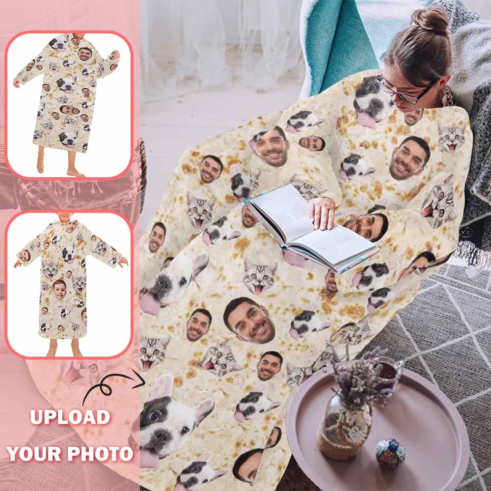 Custom Faces Light Yellow Blanket Hoodie for Adult&Kids