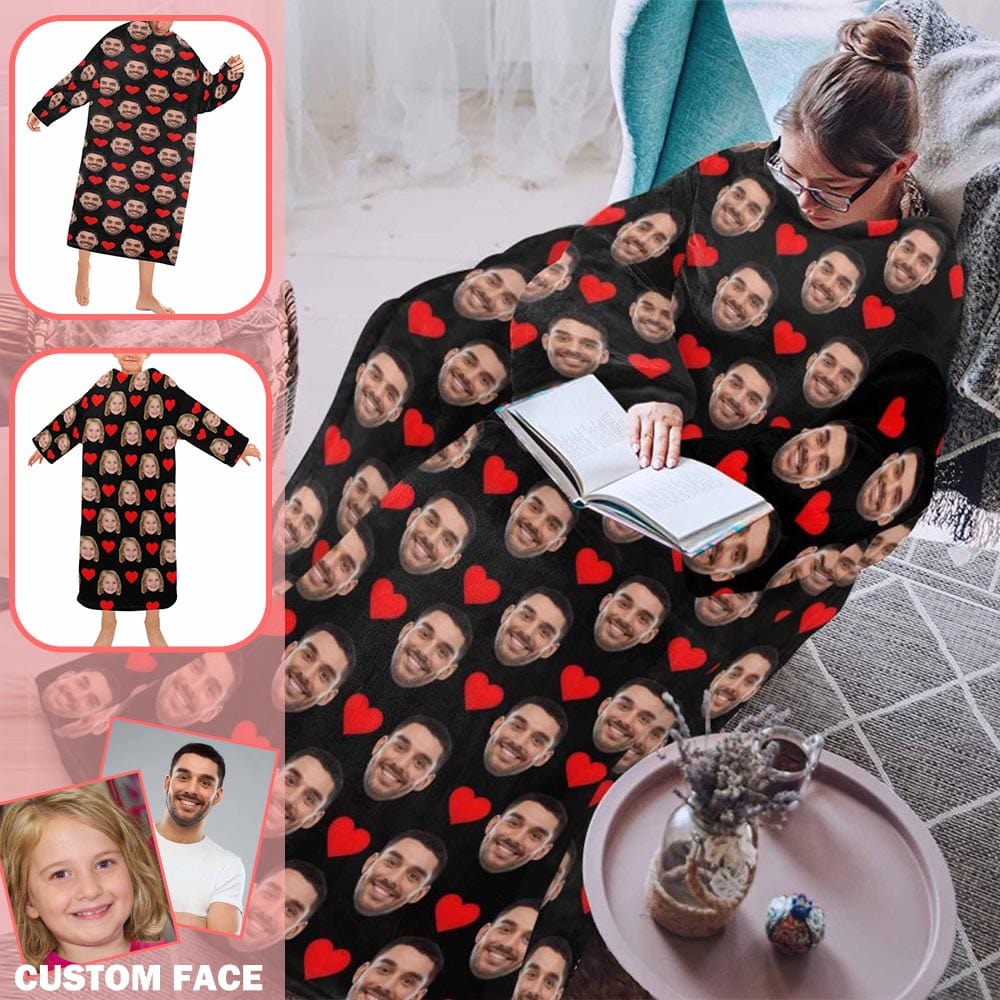 Custom Face Red Heart Blanket Hoodie for Adult&Kids