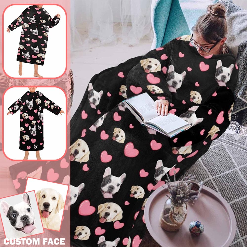 Custom Pet Face Dog Pink Heart Blanket Hoodie for Adult&Kids
