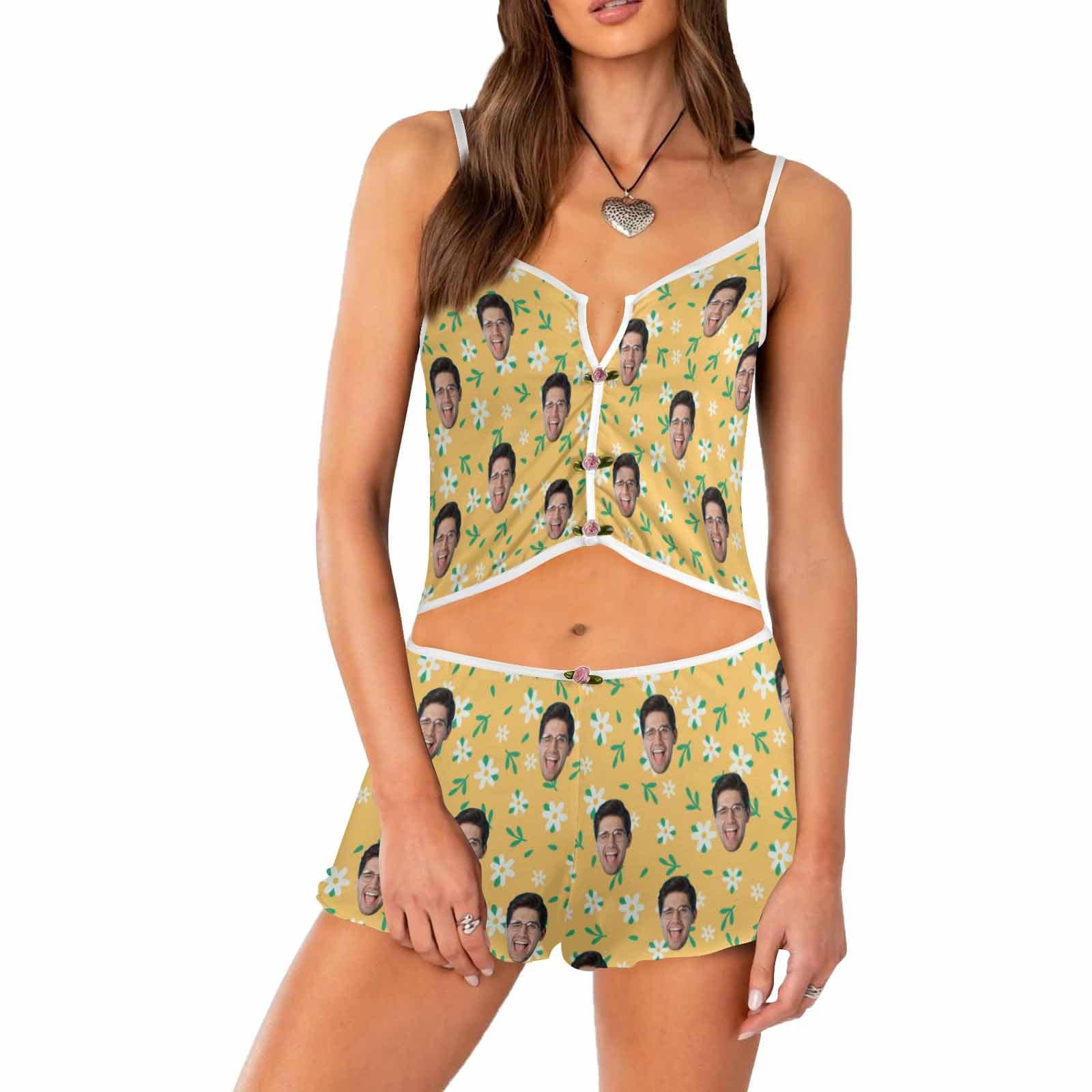 Photo Custom Husband Face Flowers Print Yellow Background Sleepwear Appliques Notched Neckline Lingerie Set Pajamas Bachelorette party