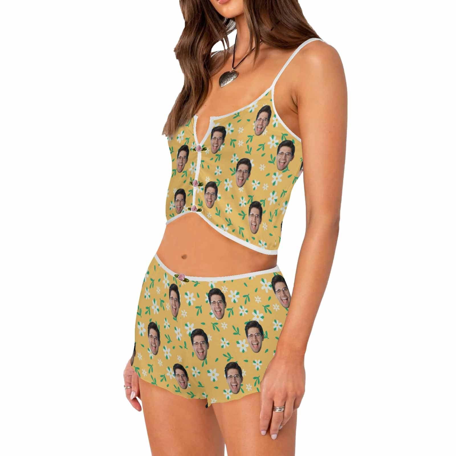 Photo Custom Husband Face Flowers Print Yellow Background Sleepwear Appliques Notched Neckline Lingerie Set Pajamas Bachelorette party