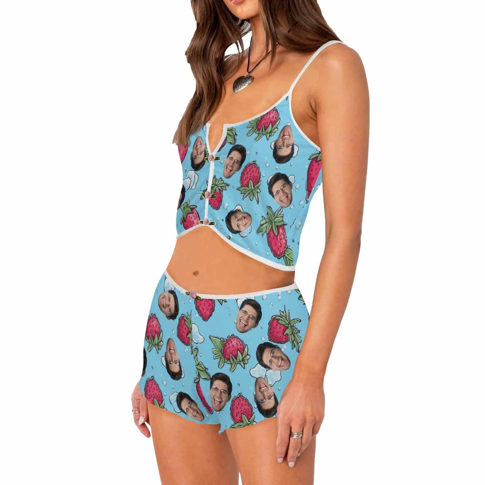 Photo Custom Husband Face Strawberry Print Blue Background Sleepwear Appliques Notched Neckline Lingerie Set Pajamas Bachelorette party