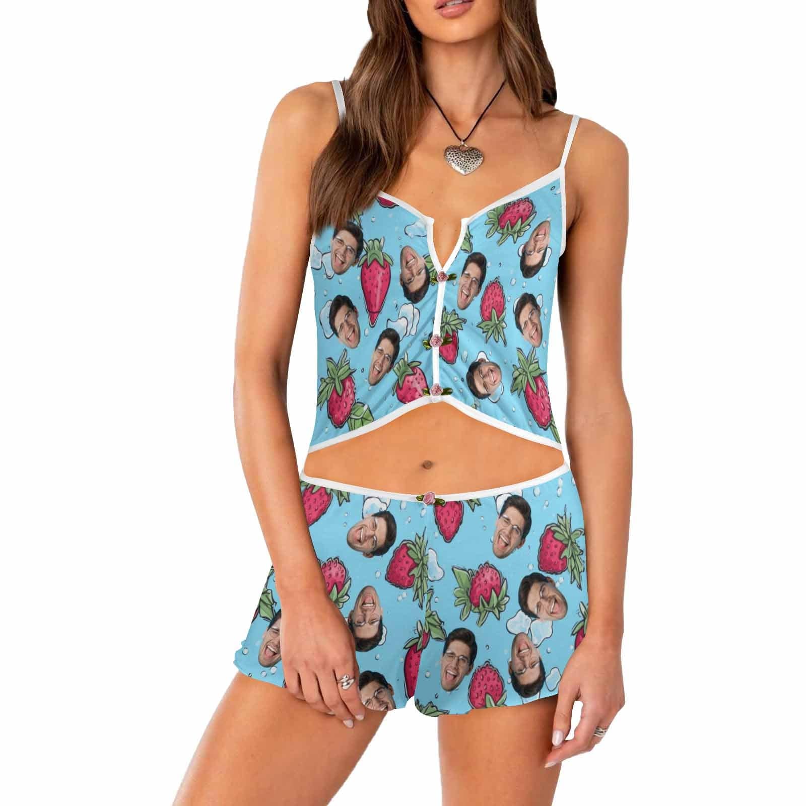 Photo Custom Husband Face Strawberry Print Blue Background Sleepwear Appliques Notched Neckline Lingerie Set Pajamas Bachelorette party